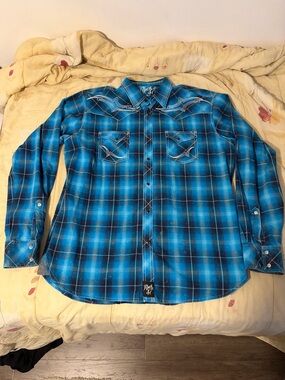 Rock 47 Wrangler Blue Plaid Western Long-Sleeve Pearl Button Snap Shirt (XL)